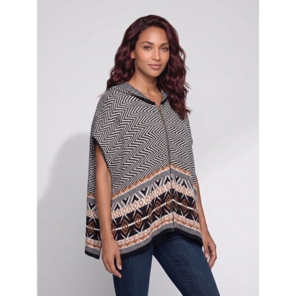 Joseph A Zip Up Poncho Women XL Black White Brown Geometric Hooded Rayon Sweater